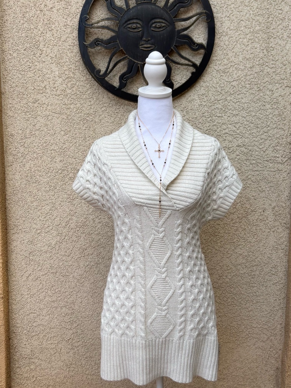 Heart N Crush Gold Cream Sparkle Cable Knit V-Neck Mini Sweater Dress Y2K Cozy